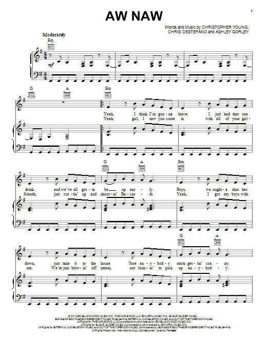Learn to play Chris Young Aw Naw sheet music for Piano, Vocal & Guitar Chords (Right-Hand Melody) in minutes. Price: 7.8900$ Chris Young Aw Naw sheet music notes and chords arranged for Piano, Vocal & Guitar Chords (Right-Hand Melody)