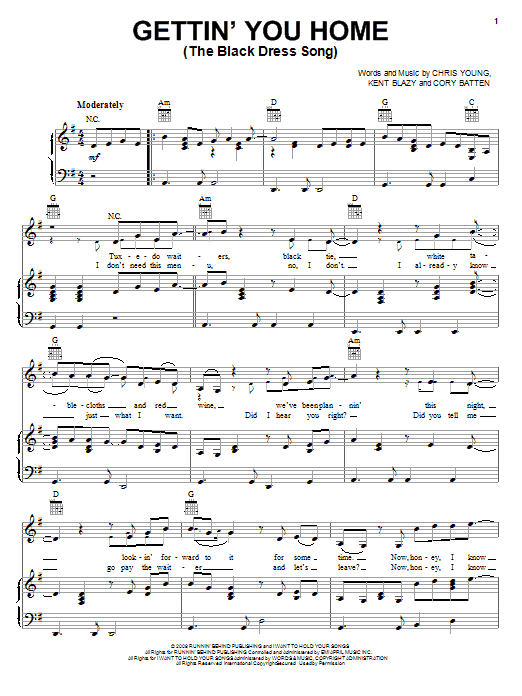 Learn to play Chris Young Gettin' You Home (The Black Dress Song) sheet music for Piano, Vocal & Guitar Chords (Right-Hand Melody) in minutes. Price: 7.8900$ Chris Young Gettin' You Home (The Black Dress Song) sheet music notes and chords arranged for Piano, Vocal & Guitar Chords (Right-Hand Melody)