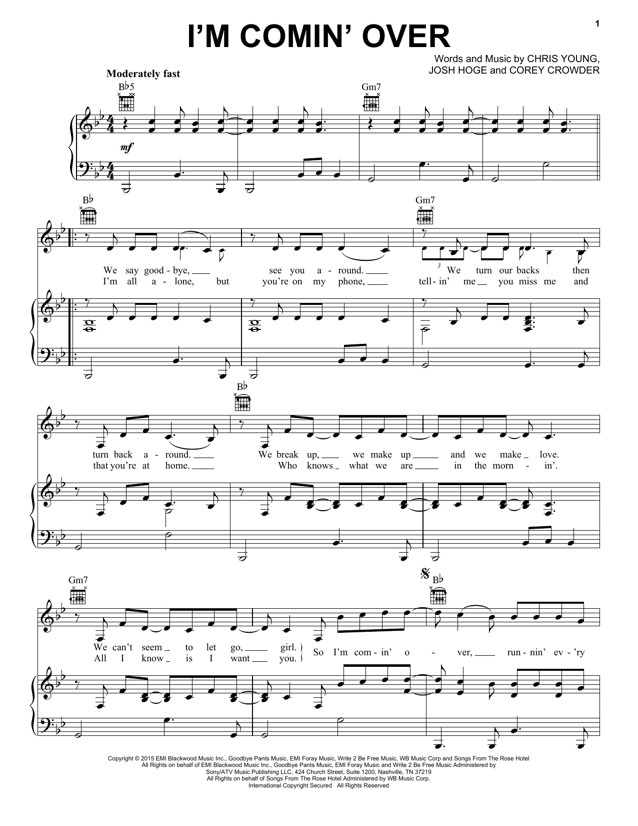 Learn to play Chris Young I'm Comin' Over sheet music for Piano, Vocal & Guitar Chords (Right-Hand Melody) in minutes. Price: 7.8900$ Chris Young I'm Comin' Over sheet music notes and chords arranged for Piano, Vocal & Guitar Chords (Right-Hand Melody)