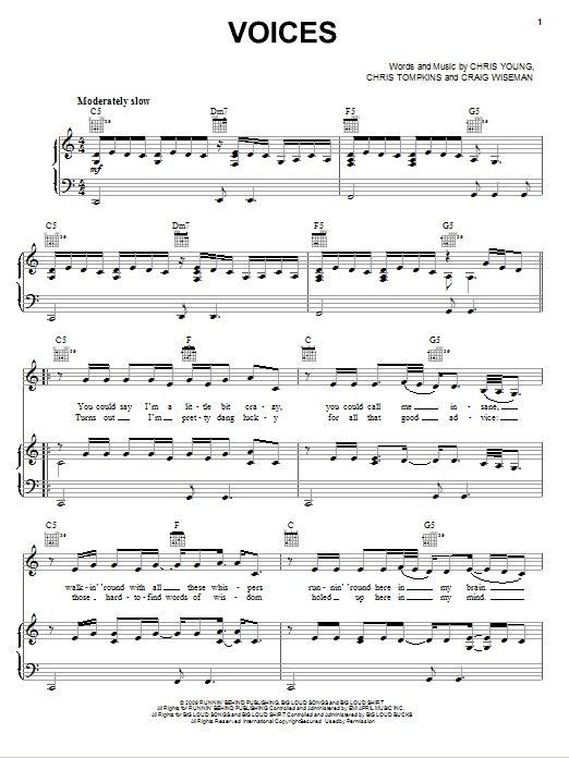 Learn to play Chris Young Voices sheet music for Piano, Vocal & Guitar Chords (Right-Hand Melody) in minutes. Price: 7.8900$ Chris Young Voices sheet music notes and chords arranged for Piano, Vocal & Guitar Chords (Right-Hand Melody)