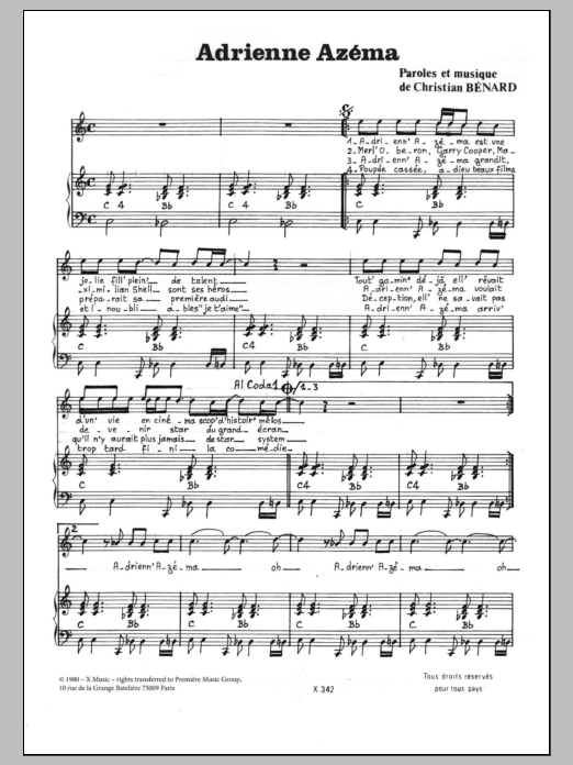Learn to play Christian Bénard Adrienne Azema sheet music for Piano & Vocal in minutes. Price: 7.8900$ Christian Bénard Adrienne Azema sheet music notes and chords arranged for Piano & Vocal