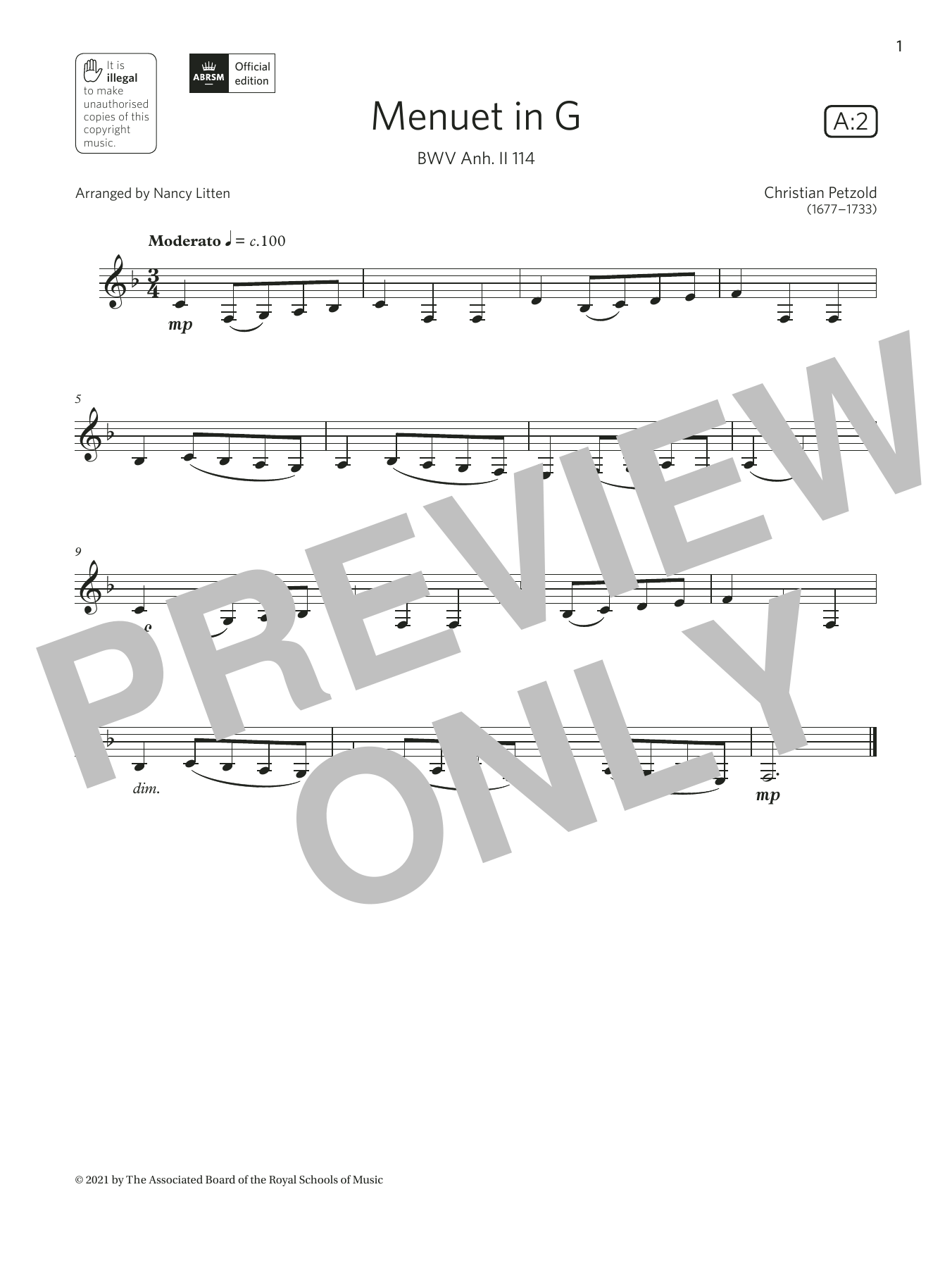 Christian Petzold Menuet in G, BWV Anh. II 114 (Grade 1 List A2 from the ABRSM Clarinet syllabus from 2022) sheet music notes and chords arranged for Clarinet Solo