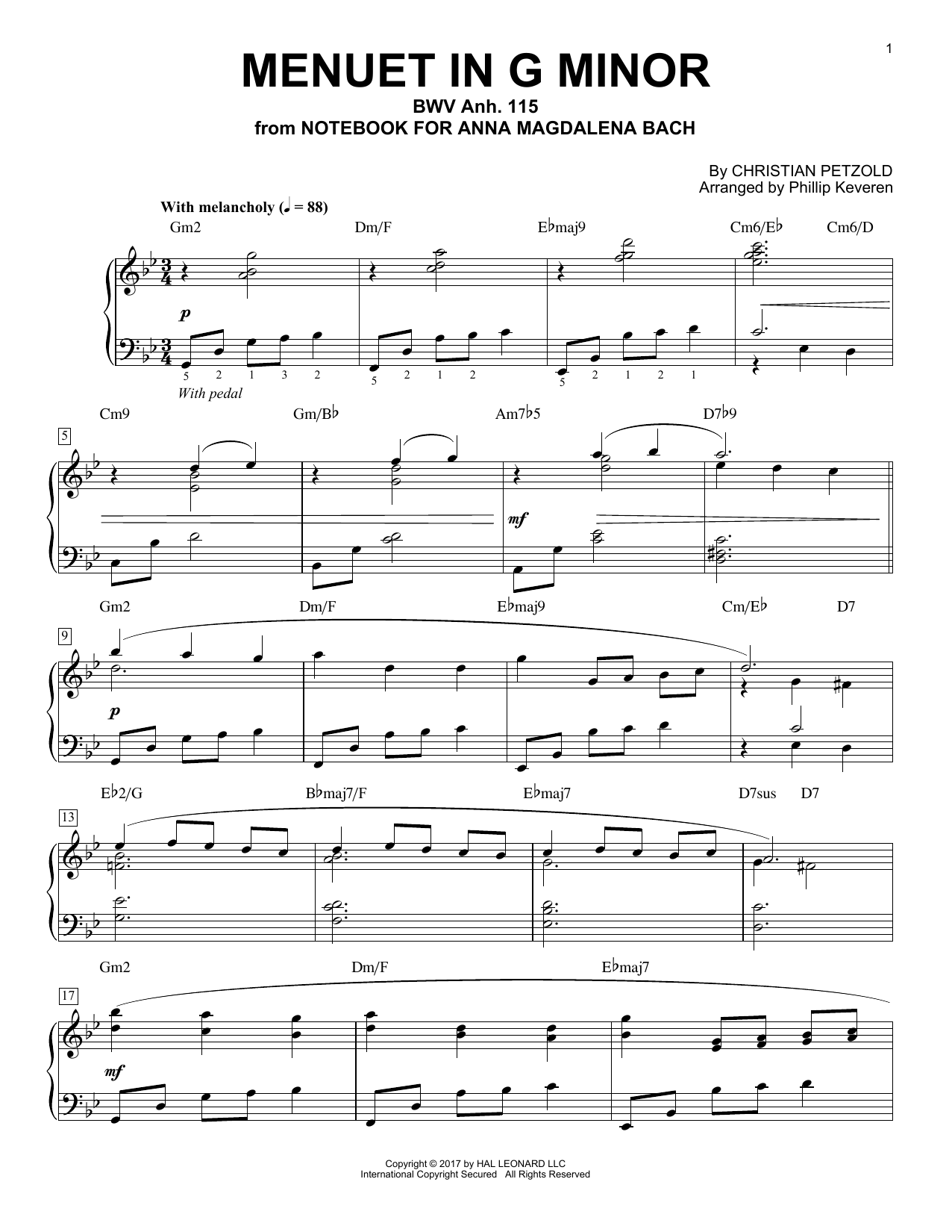 Christian Petzold Menuet In G Minor, BMV Anh. 115 [Jazz version] (arr. Phillip Keveren) sheet music notes and chords. Download Printable PDF.