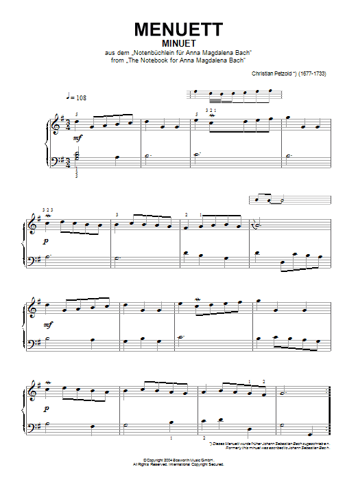 Christian Petzold Minuet in G Major (from The Anna Magdalena Notebook) sheet music notes and chords. Download Printable PDF.