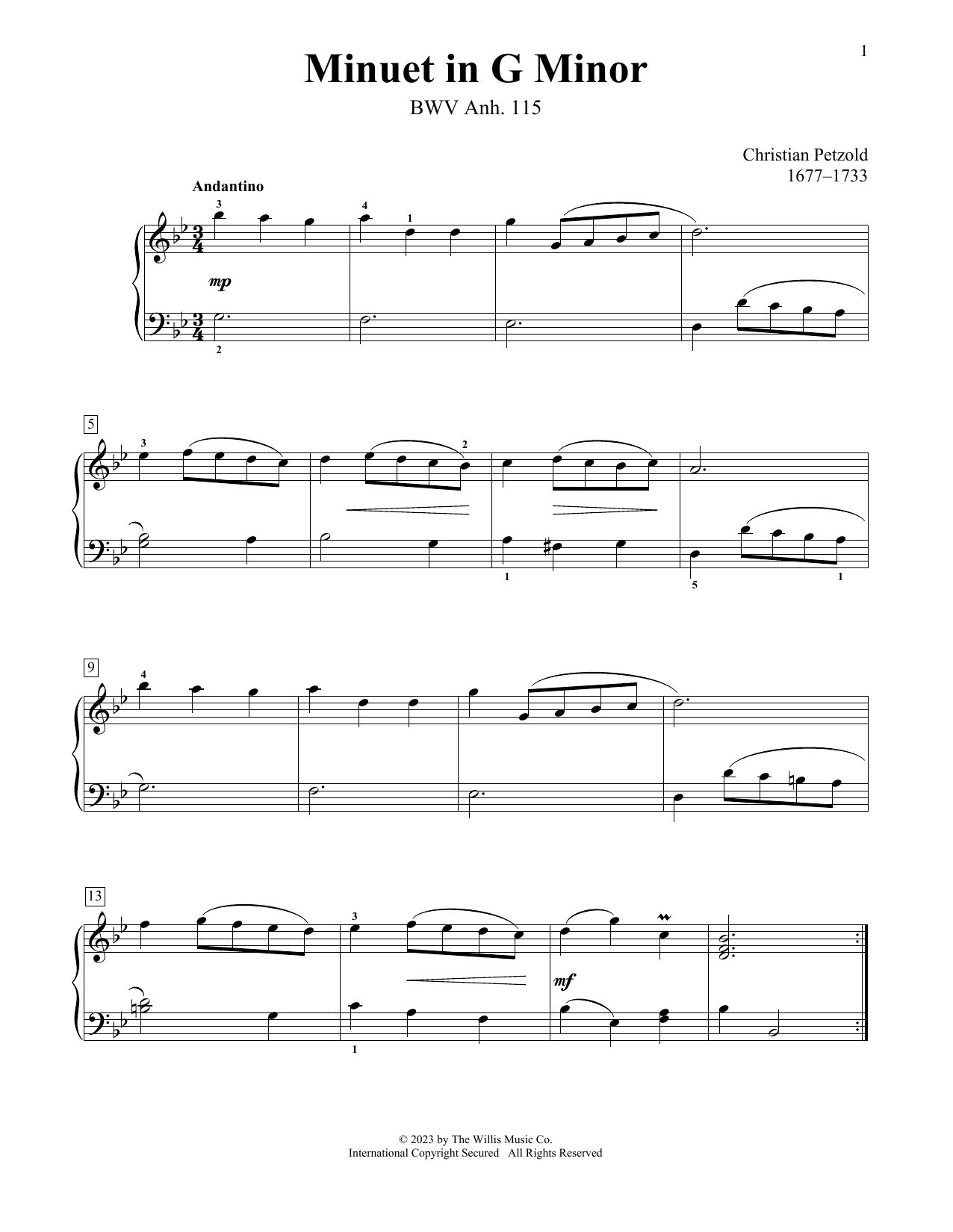 Christian Petzold Minuet In G Minor, BWV Anh. 115 sheet music notes and chords arranged for Educational Piano