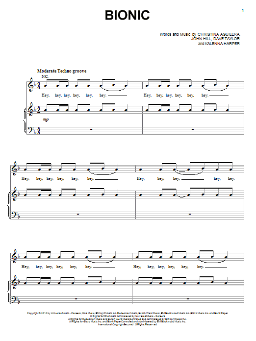 Christina Aguilera Bionic sheet music notes and chords arranged for Piano, Vocal & Guitar Chords (Right-Hand Melody)