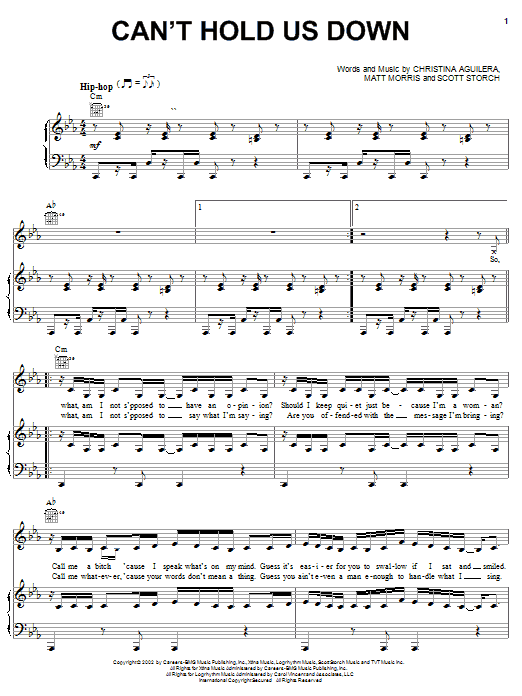 Learn to play Christina Aguilera Can't Hold Us Down sheet music for Piano, Vocal & Guitar Chords (Right-Hand Melody) in minutes. Price: 7.8900$ Christina Aguilera Can't Hold Us Down sheet music notes and chords arranged for Piano, Vocal & Guitar Chords (Right-Hand Melody)