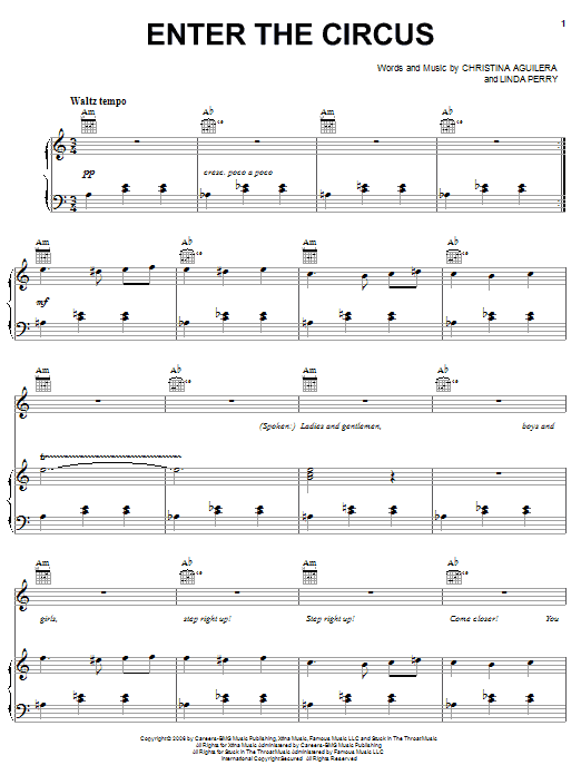 Learn to play Christina Aguilera Enter The Circus sheet music for Piano, Vocal & Guitar Chords (Right-Hand Melody) in minutes. Price: 7.8900$ Christina Aguilera Enter The Circus sheet music notes and chords arranged for Piano, Vocal & Guitar Chords (Right-Hand Melody)