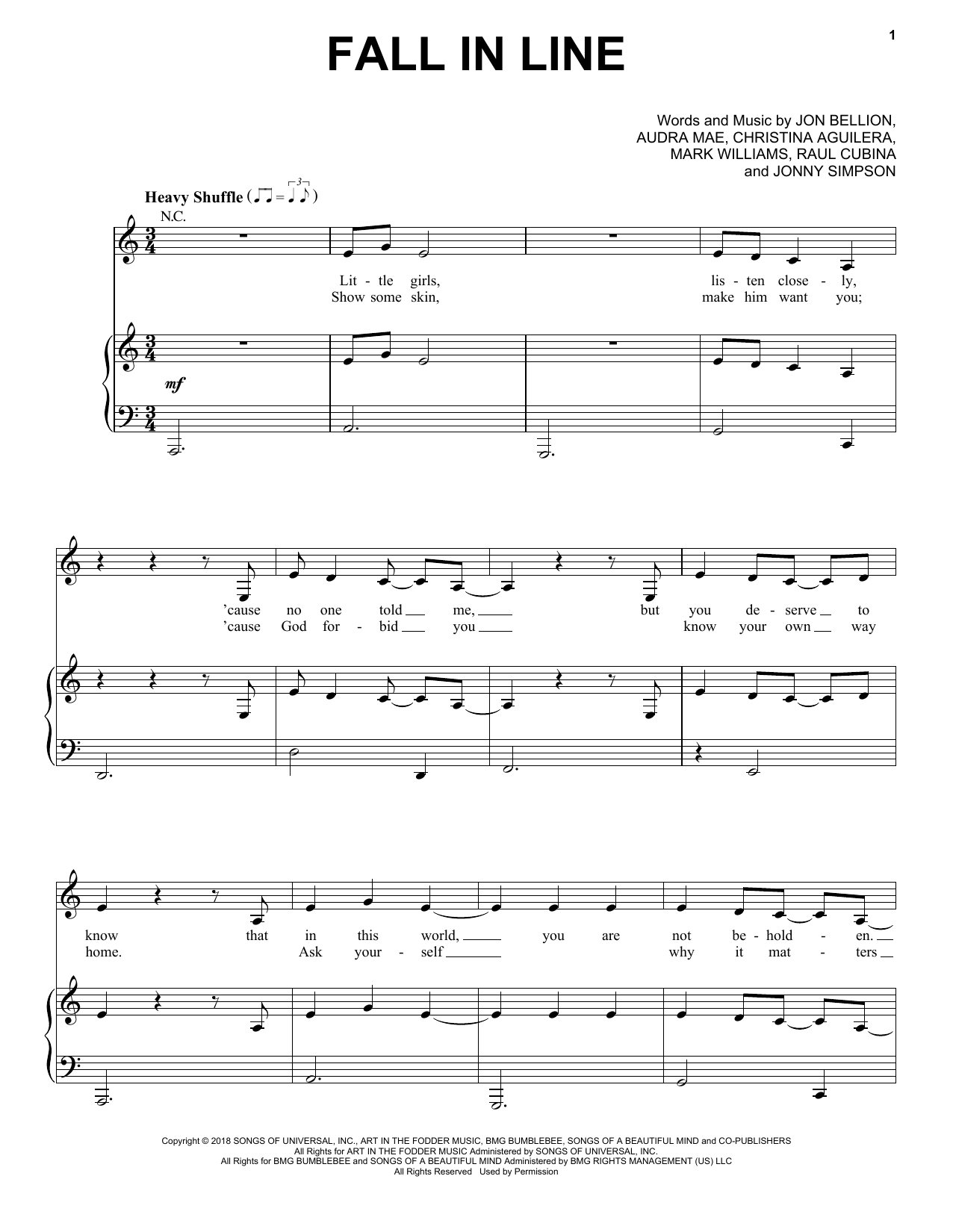 Christina Aguilera Fall In Line (feat. Demi Lovato) sheet music notes and chords. Download Printable PDF.