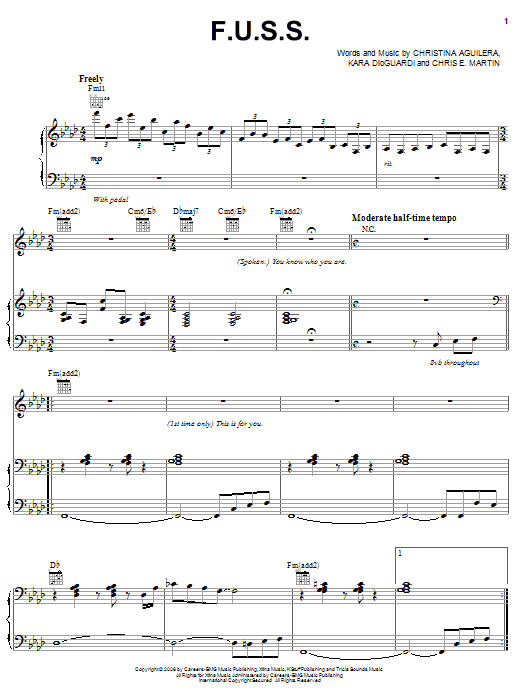 Learn to play Christina Aguilera F.U.S.S. sheet music for Piano, Vocal & Guitar Chords (Right-Hand Melody) in minutes. Price: 7.8900$ Christina Aguilera F.U.S.S. sheet music notes and chords arranged for Piano, Vocal & Guitar Chords (Right-Hand Melody)