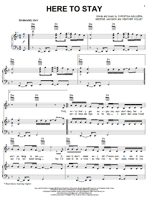 Christina Aguilera Here To Stay sheet music notes and chords arranged for Piano, Vocal & Guitar Chords (Right-Hand Melody)