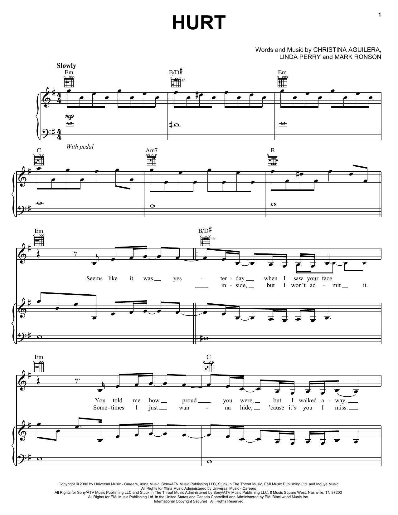 Christina Aguilera Hurt sheet music notes and chords arranged for Piano, Vocal & Guitar Chords