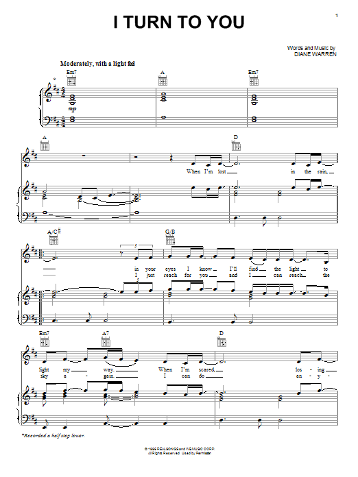 Christina Aguilera I Turn To You sheet music notes and chords arranged for Piano & Vocal