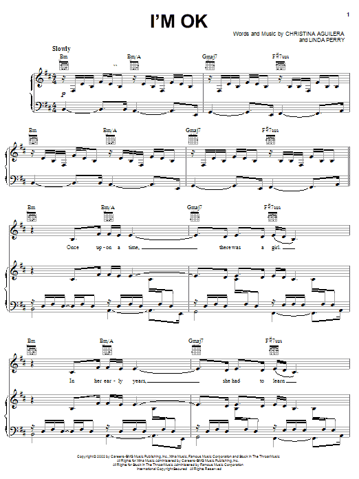 Learn to play Christina Aguilera I'm OK sheet music for Piano, Vocal & Guitar Chords (Right-Hand Melody) in minutes. Price: 7.8900$ Christina Aguilera I'm OK sheet music notes and chords arranged for Piano, Vocal & Guitar Chords (Right-Hand Melody)
