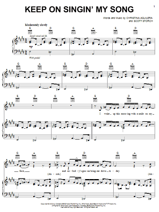 Learn to play Christina Aguilera Keep On Singin' My Song sheet music for Piano, Vocal & Guitar Chords (Right-Hand Melody) in minutes. Price: 7.8900$ Christina Aguilera Keep On Singin' My Song sheet music notes and chords arranged for Piano, Vocal & Guitar Chords (Right-Hand Melody)