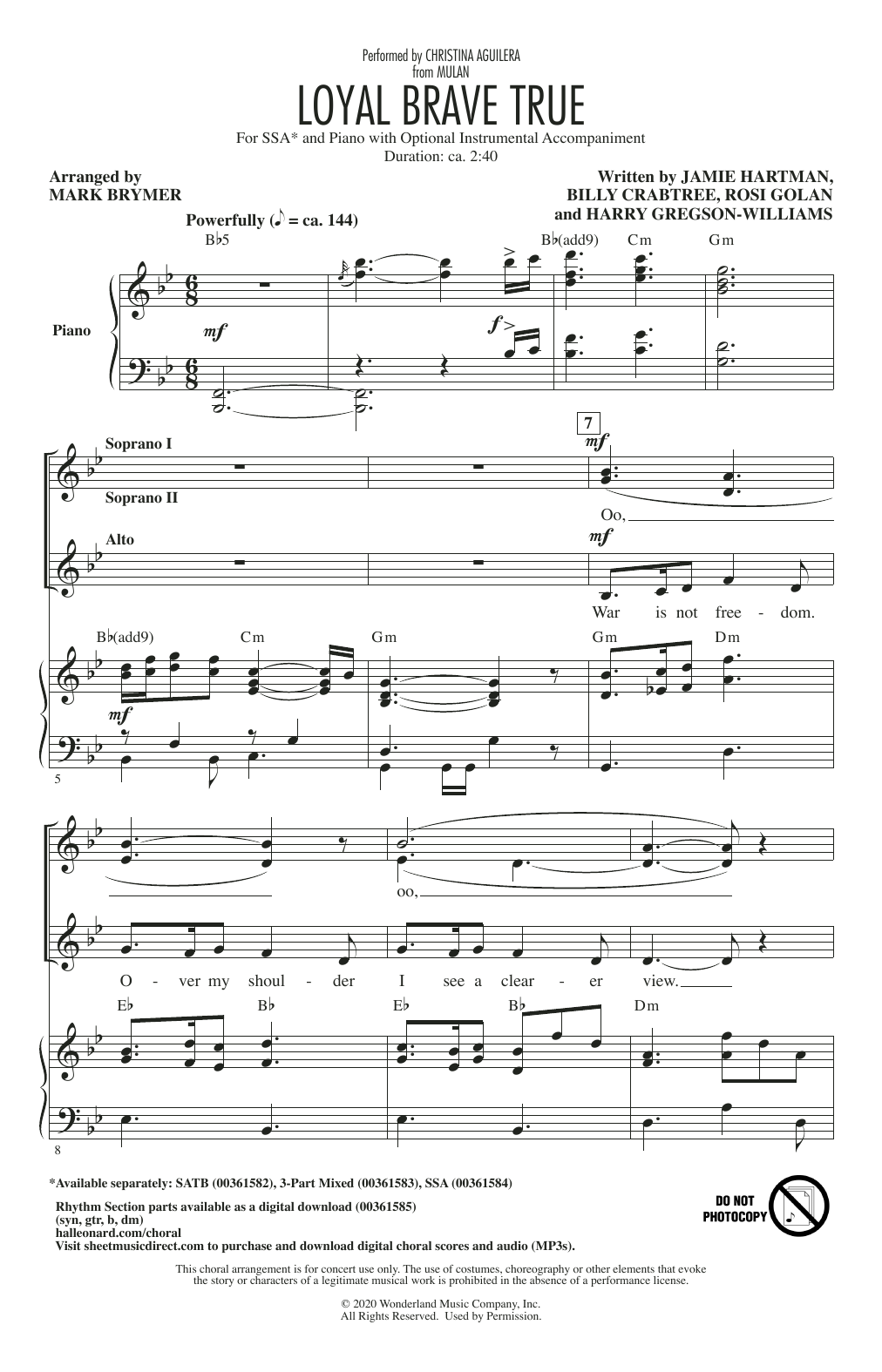 Learn to play Christina Aguilera Loyal Brave True (from Mulan) (arr. Mark Brymer) sheet music for SSA Choir in minutes. Price: 3.9900$ Christina Aguilera Loyal Brave True (from Mulan) (arr. Mark Brymer) sheet music notes and chords arranged for SSA Choir