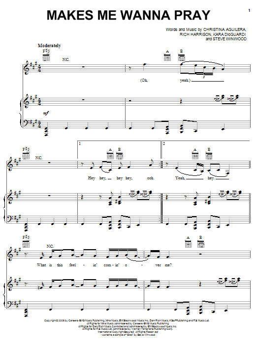 Learn to play Christina Aguilera Makes Me Wanna Pray sheet music for Piano, Vocal & Guitar Chords (Right-Hand Melody) in minutes. Price: 7.8900$ Christina Aguilera Makes Me Wanna Pray sheet music notes and chords arranged for Piano, Vocal & Guitar Chords (Right-Hand Melody)