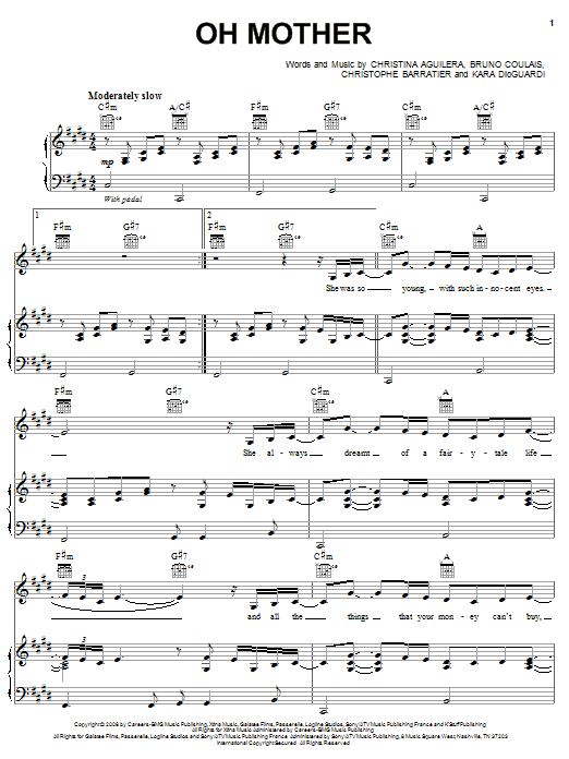 Learn to play Christina Aguilera Oh Mother sheet music for Piano, Vocal & Guitar Chords (Right-Hand Melody) in minutes. Price: 7.8900$ Christina Aguilera Oh Mother sheet music notes and chords arranged for Piano, Vocal & Guitar Chords (Right-Hand Melody)
