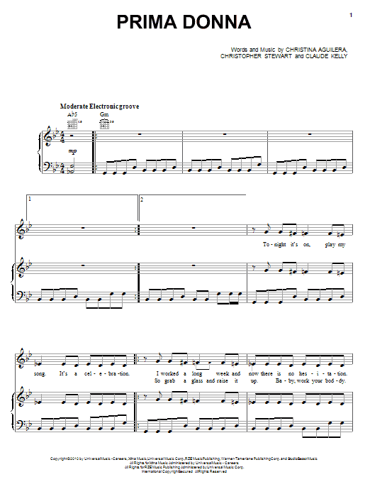 Learn to play Christina Aguilera Prima Donna sheet music for Piano, Vocal & Guitar Chords (Right-Hand Melody) in minutes. Price: 7.8900$ Christina Aguilera Prima Donna sheet music notes and chords arranged for Piano, Vocal & Guitar Chords (Right-Hand Melody)