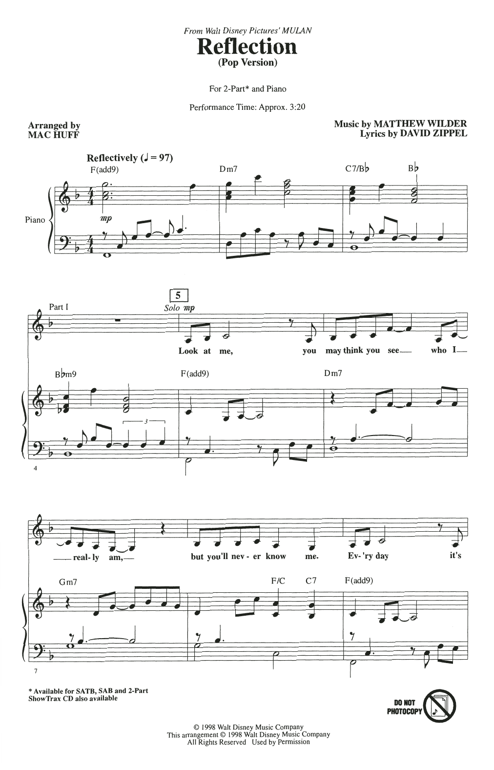 Christina Aguilera Reflection (Pop Version) (from Mulan) (arr. Mac Huff) sheet music notes and chords. Download Printable PDF.