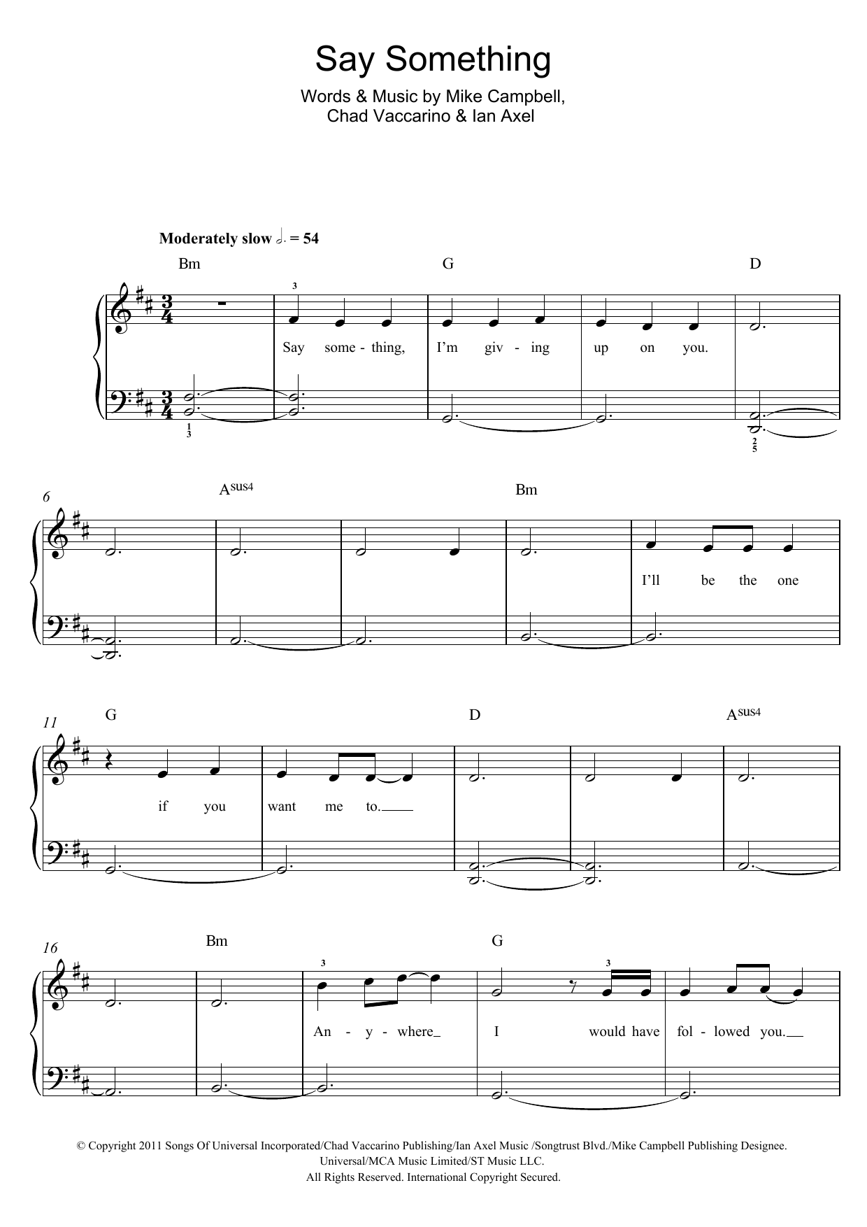 A Great Big World and Christina Aguilera Say Something sheet music notes and chords arranged for Beginner Piano (Abridged)