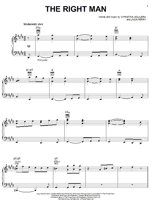 Learn to play Christina Aguilera The Right Man sheet music for Piano, Vocal & Guitar Chords (Right-Hand Melody) in minutes. Price: 7.8900$ Christina Aguilera The Right Man sheet music notes and chords arranged for Piano, Vocal & Guitar Chords (Right-Hand Melody)