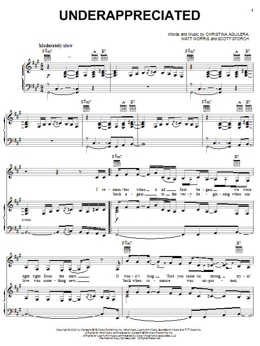 Learn to play Christina Aguilera Underappreciated sheet music for Piano, Vocal & Guitar Chords (Right-Hand Melody) in minutes. Price: 7.8900$ Christina Aguilera Underappreciated sheet music notes and chords arranged for Piano, Vocal & Guitar Chords (Right-Hand Melody)