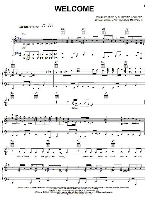 Christina Aguilera Welcome sheet music notes and chords arranged for Piano, Vocal & Guitar Chords (Right-Hand Melody)