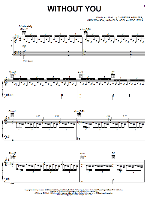 Christina Aguilera Without You sheet music notes and chords arranged for Piano, Vocal & Guitar Chords (Right-Hand Melody)