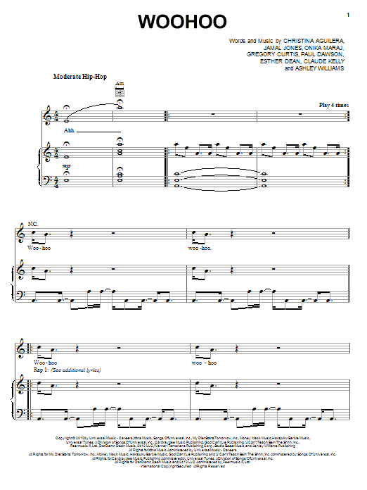 Learn to play Christina Aguilera Woohoo sheet music for Piano, Vocal & Guitar Chords (Right-Hand Melody) in minutes. Price: 7.8900$ Christina Aguilera Woohoo sheet music notes and chords arranged for Piano, Vocal & Guitar Chords (Right-Hand Melody)