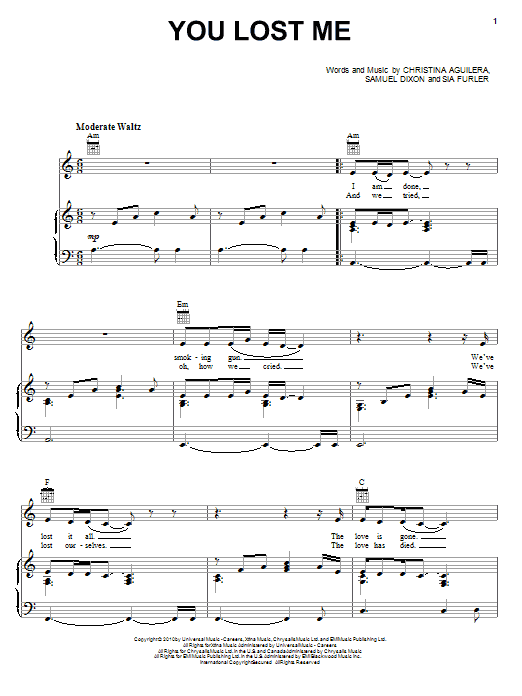 Christina Aguilera You Lost Me sheet music notes and chords. Download Printable PDF.