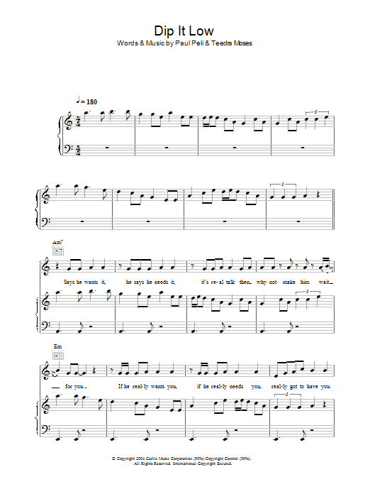Learn to play Christina Milian Dip It Low sheet music for Piano, Vocal & Guitar Chords in minutes. Price: 7.8900$ Christina Milian Dip It Low sheet music notes and chords arranged for Piano, Vocal & Guitar Chords
