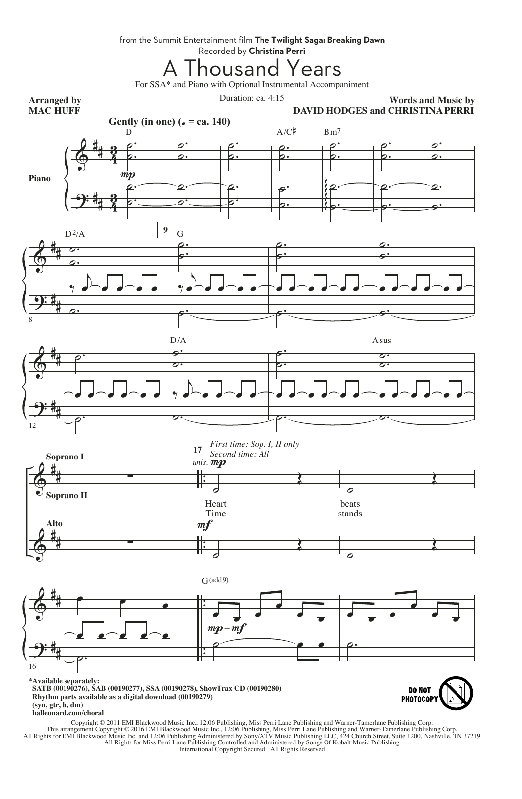 Christina Perri A Thousand Years (arr. Mac Huff) sheet music notes and chords. Download Printable PDF.