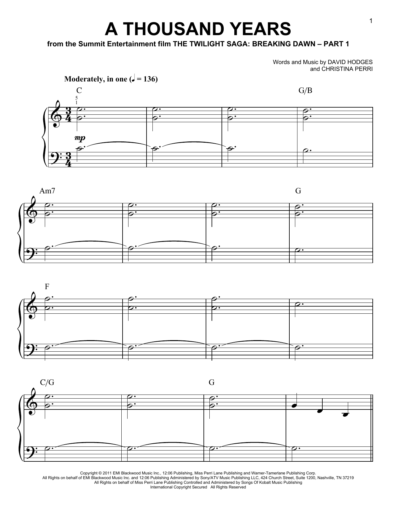 Christina Perri A Thousand Years sheet music notes and chords. Download Printable PDF.