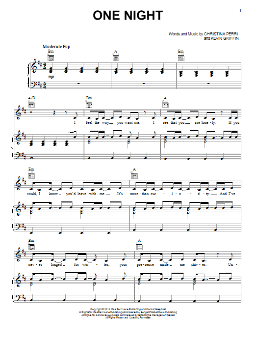 Learn to play Christina Perri One Night sheet music for Piano, Vocal & Guitar Chords (Right-Hand Melody) in minutes. Price: 7.8900$ Christina Perri One Night sheet music notes and chords arranged for Piano, Vocal & Guitar Chords (Right-Hand Melody)