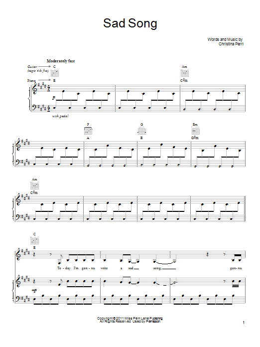 Learn to play Christina Perri Sad Song sheet music for Piano, Vocal & Guitar Chords (Right-Hand Melody) in minutes. Price: 7.8900$ Christina Perri Sad Song sheet music notes and chords arranged for Piano, Vocal & Guitar Chords (Right-Hand Melody)