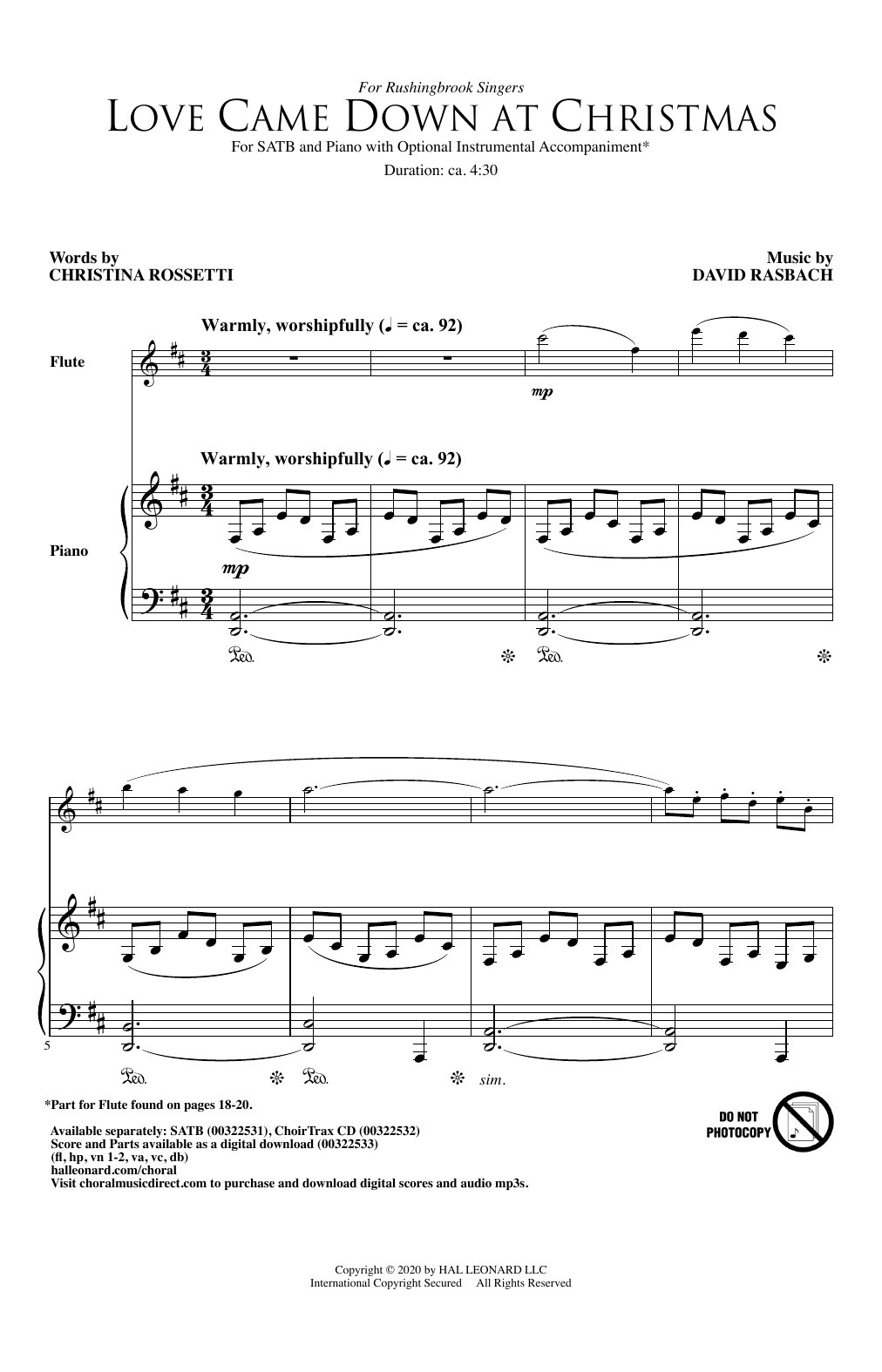 Christina Rossetti and David Rasbach Love Came Down At Christmas sheet music notes and chords. Download Printable PDF.