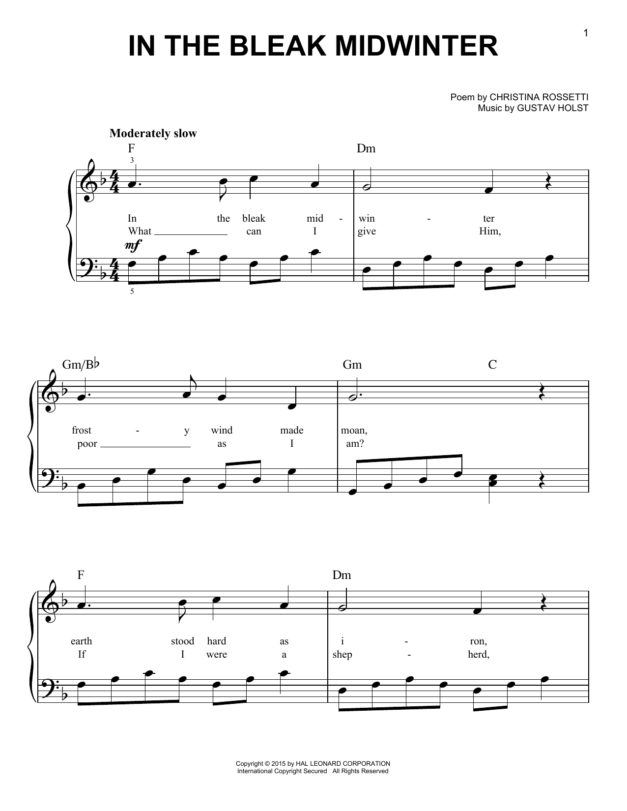 Christina Rossetti In The Bleak Midwinter sheet music notes and chords. Download Printable PDF.