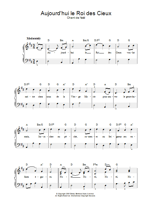 Chant de Noël Aujourd'hui Le Roi Des Cieux sheet music notes and chords arranged for Piano, Vocal & Guitar Chords