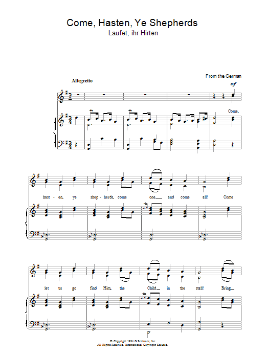 Learn to play Christmas Carol Come Hasten Ye Shepherds sheet music for Piano, Vocal & Guitar Chords in minutes. Price: 7.8900$ Christmas Carol Come Hasten Ye Shepherds sheet music notes and chords arranged for Piano, Vocal & Guitar Chords
