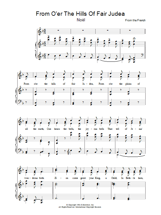 Learn to play Christmas Carol From O'er The Hills Of Fair Judea sheet music for Piano, Vocal & Guitar Chords in minutes. Price: 7.8900$ Christmas Carol From O'er The Hills Of Fair Judea sheet music notes and chords arranged for Piano, Vocal & Guitar Chords