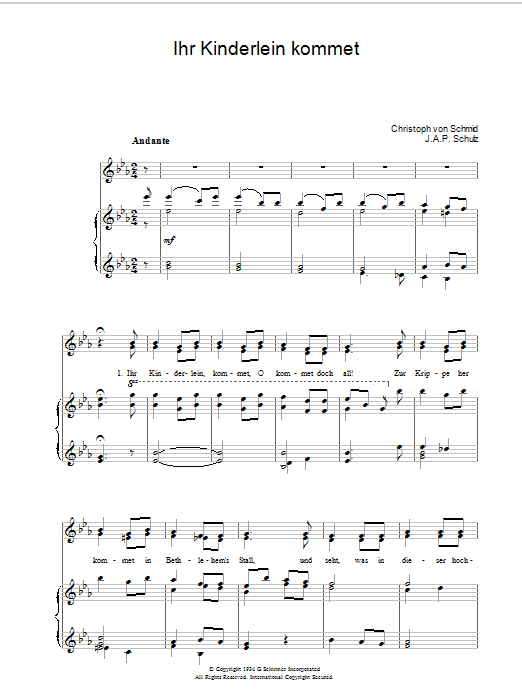 Learn to play Weihnachtslied Ihr Kinderlein Kommet sheet music for Piano, Vocal & Guitar Chords in minutes. Price: 7.8900$ Weihnachtslied Ihr Kinderlein Kommet sheet music notes and chords arranged for Piano, Vocal & Guitar Chords