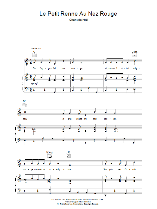 Chant de Noël Le Petit Renne Au Nez Rouge sheet music notes and chords arranged for Piano, Vocal & Guitar Chords