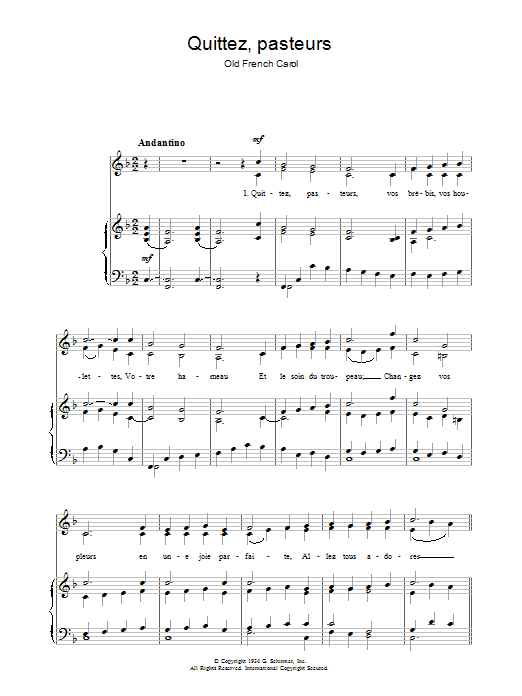 Learn to play Chant de Noël Quittez Pasteurs sheet music for Piano, Vocal & Guitar Chords in minutes. Price: 7.8900$ Chant de Noël Quittez Pasteurs sheet music notes and chords arranged for Piano, Vocal & Guitar Chords