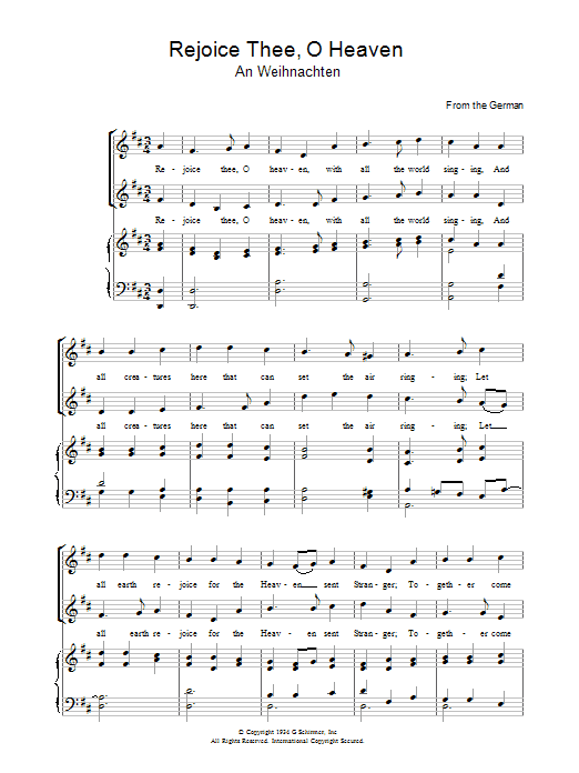 Learn to play Christmas Carol Rejoice Thee, O Heaven sheet music for Piano, Vocal & Guitar Chords in minutes. Price: 7.8900$ Christmas Carol Rejoice Thee, O Heaven sheet music notes and chords arranged for Piano, Vocal & Guitar Chords