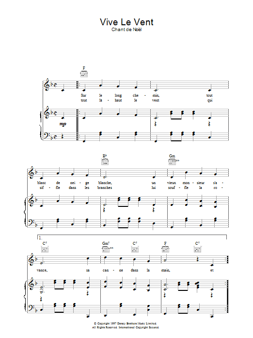 Chant de Noël Vive Le Vent sheet music notes and chords arranged for Piano, Vocal & Guitar Chords