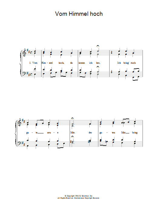 Learn to play Weihnachtslied Vom Himmel Hoch sheet music for Piano, Vocal & Guitar Chords in minutes. Price: 7.8900$ Weihnachtslied Vom Himmel Hoch sheet music notes and chords arranged for Piano, Vocal & Guitar Chords