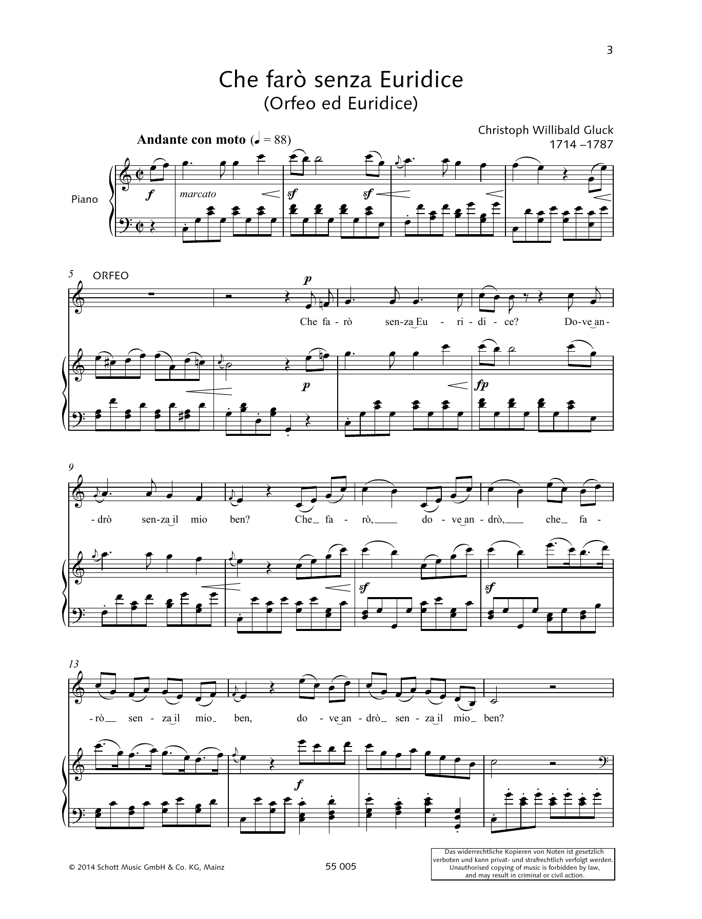 Christoph Willibald Gluck Che farò senza Euridice sheet music notes and chords. Download Printable PDF.