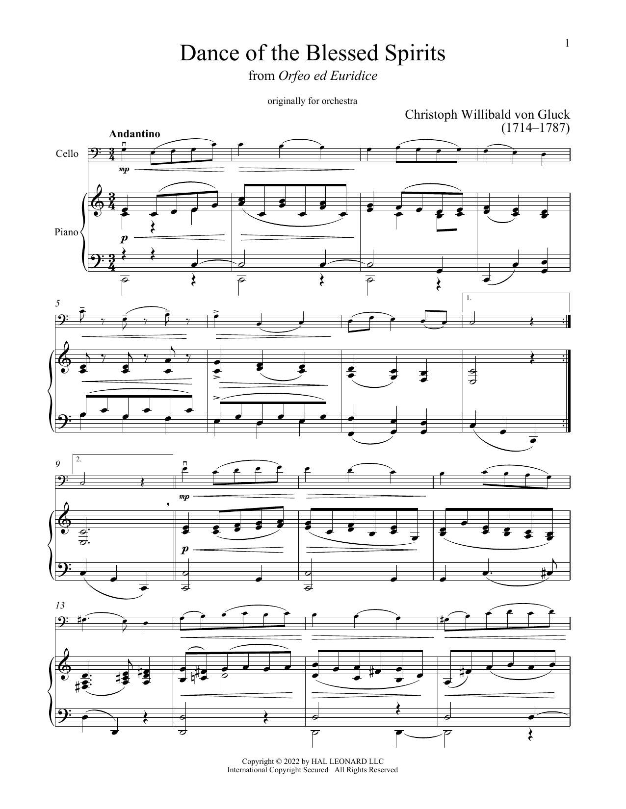 Christoph Willibald Gluck Dance Of The Spirits sheet music notes and chords arranged for Violin and Piano