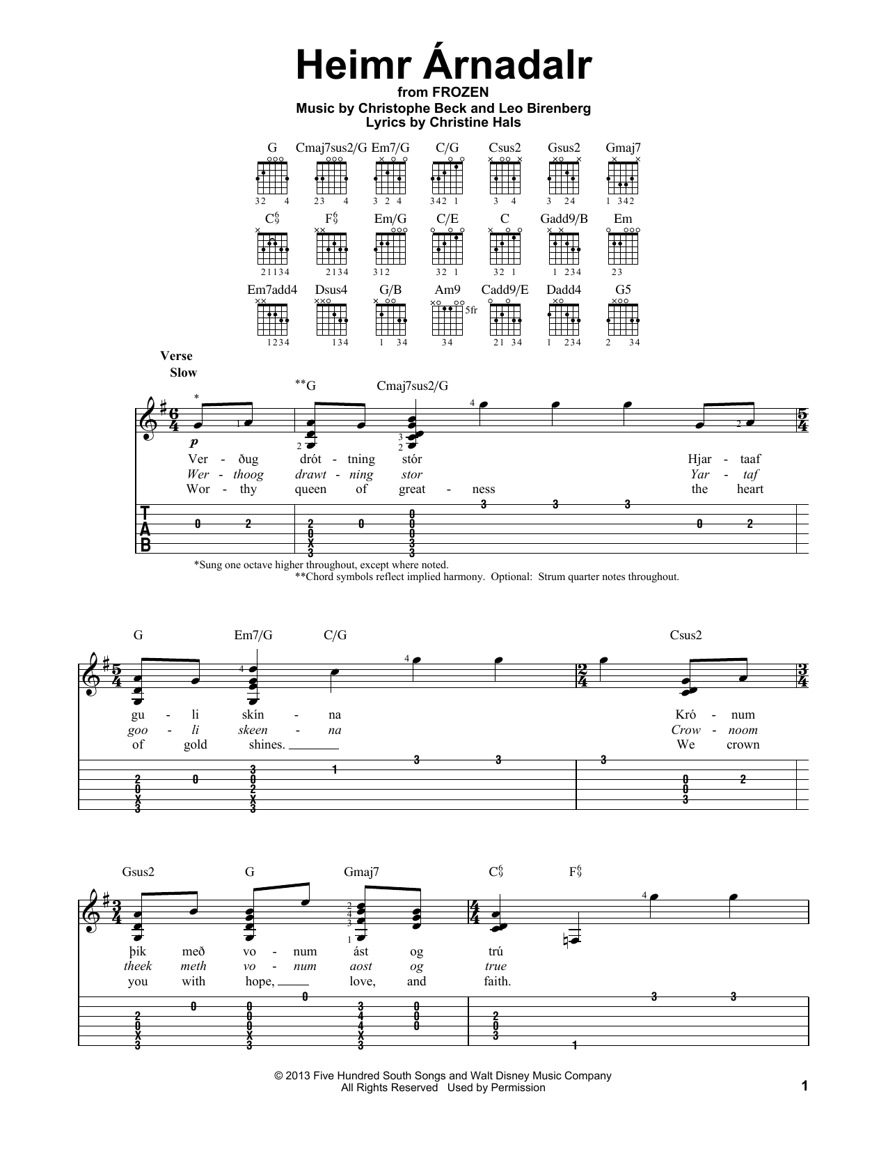 Christophe Beck Heimr Arnadalr (from Disney's Frozen) sheet music notes and chords. Download Printable PDF.